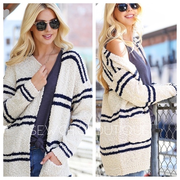 Ivory & Navy Popcorn Textured Striped Cardy - Picture 1 of 7